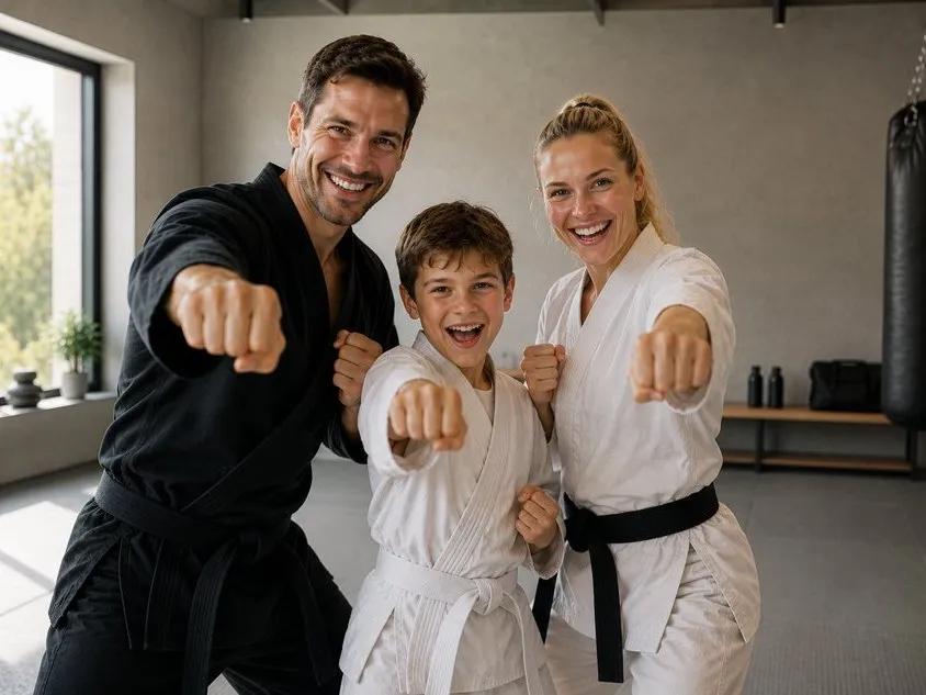 Trainer, Kind und Trainerin der Kampfsportschule Dragon & Tiger in Trainingshaltung